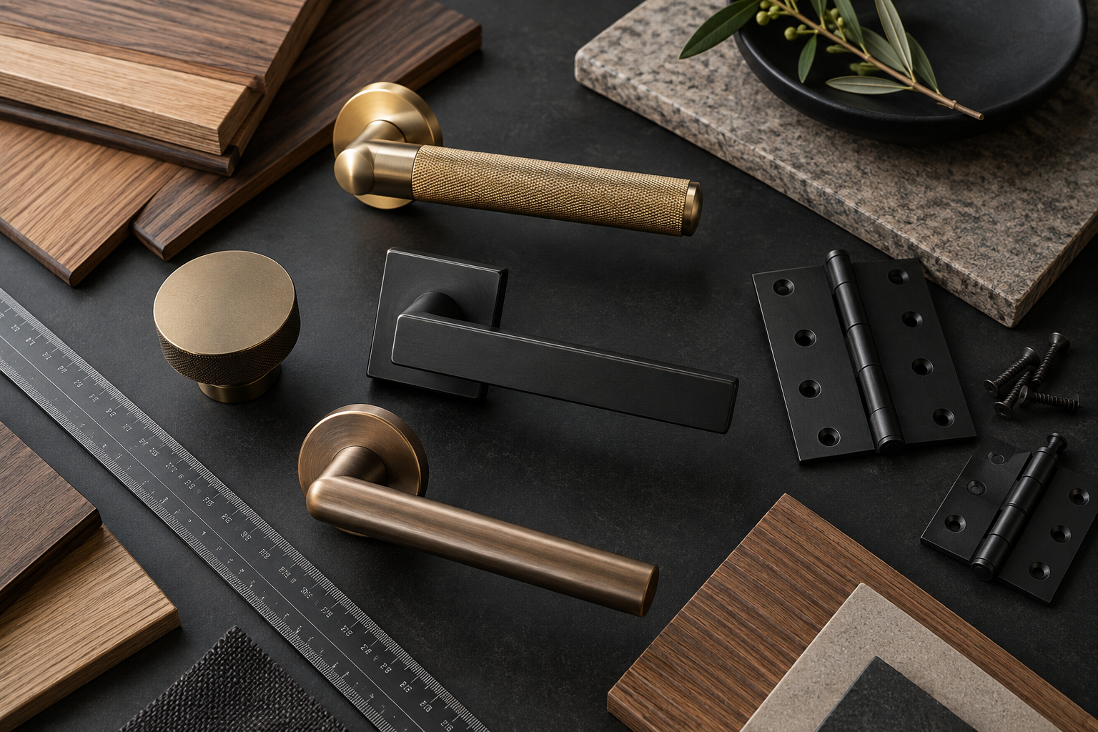 Door hardware and material samples on a dark worktable