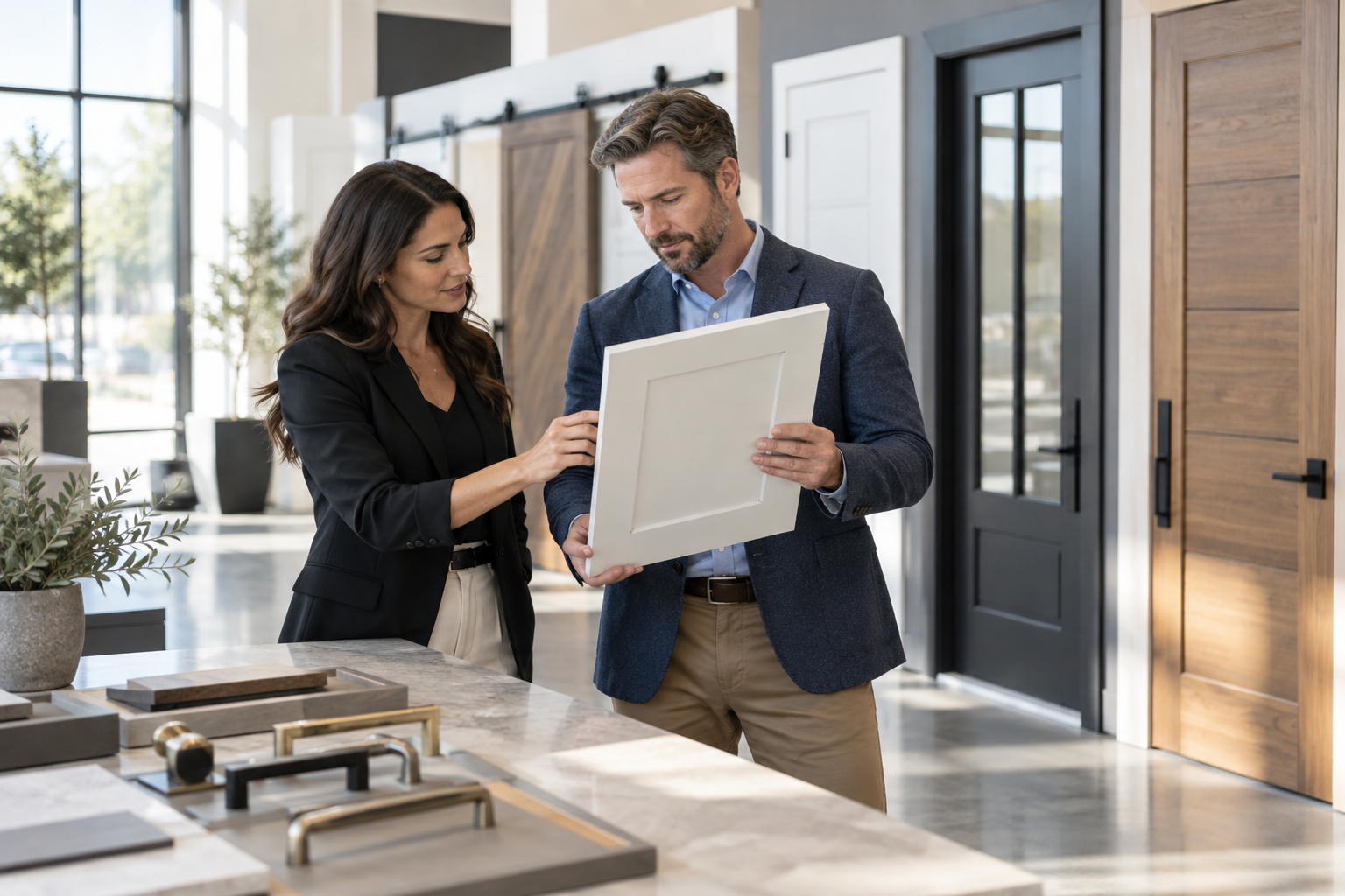 Professionals reviewing a door design in a bright showroom